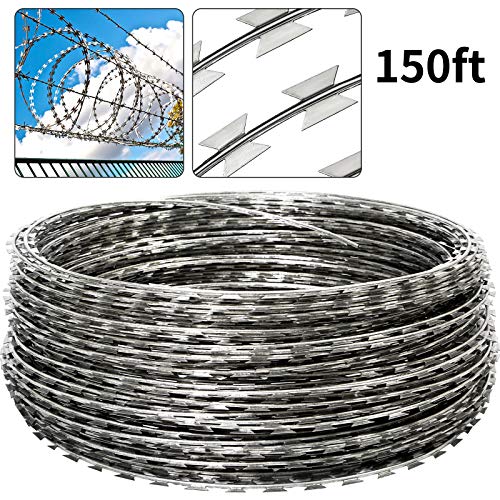 Yamcyh 150FT Razor Wire, Galvanized BTO-22 Razor Wire Fence Stretched Ribbon Barbed Wire Coils for Farm, Fence,Garden