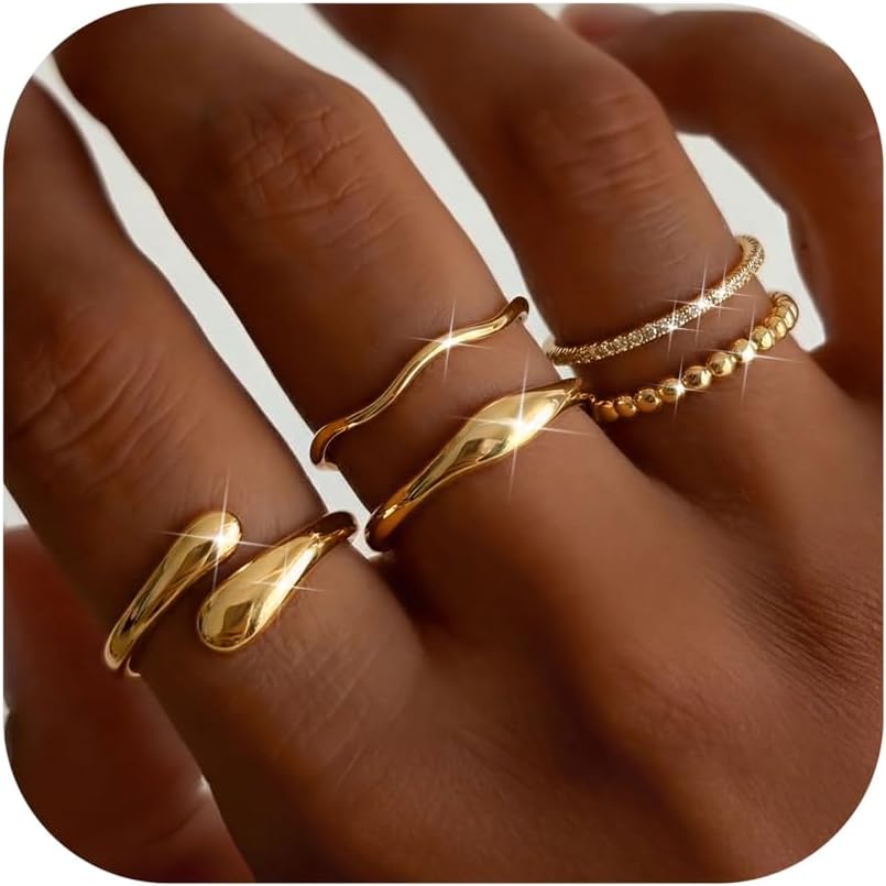 THUNARAZ 14K Gold Plated Rings for Women Non Tarnish Stackable Chunky Rings Cubic Zirconia Thumb Ring Set Dainty Trendy Statement Promise Wedding Bands Engagement Ring for Women Size 6-10