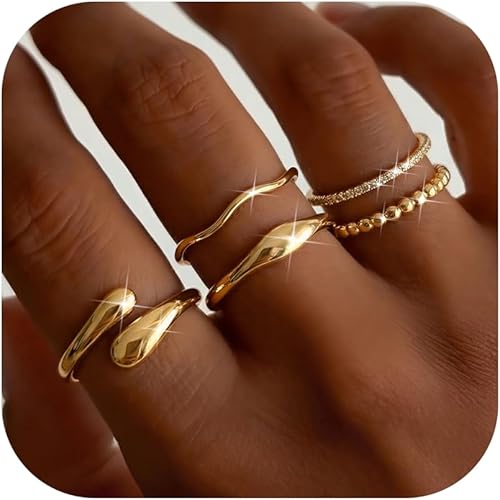 THUNARAZ 14K Gold Plated Rings for Women Non Tarnish Stackable Chunky Rings Cubic Zirconia Thumb Ring Set Dainty Trendy Statement Promise Wedding Bands Engagement Ring for Women Size 6-10