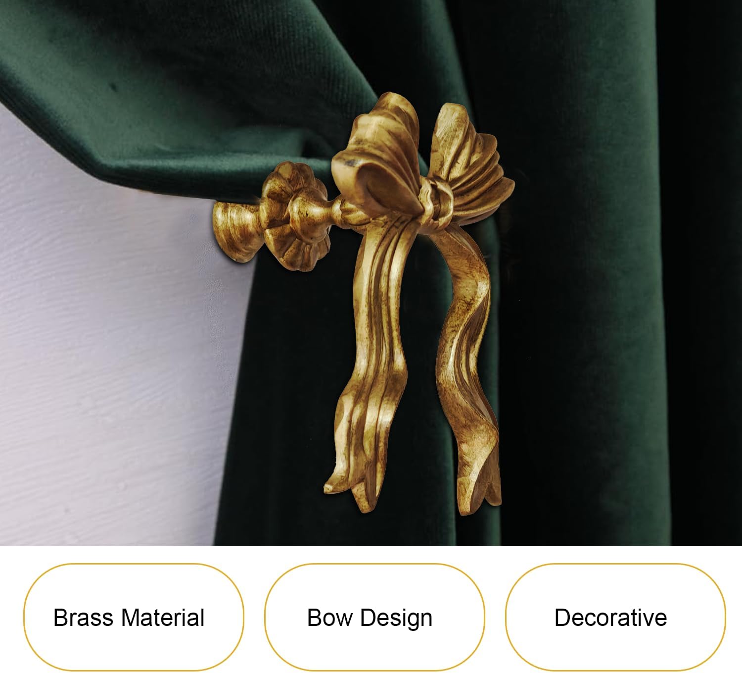 Vintage Brass Gold Curtain Tieback Holder with Bow Design – Decorative Wall Mounted Curtain Hook for Drapes, Tassels and Sheers, French Country/Victorian Home Décor(Single)