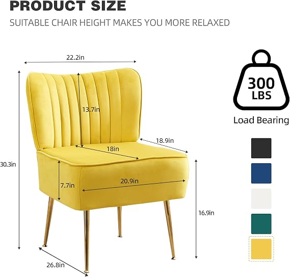 Velvet Accent Chairs,Modern Armless Living Room Chairs,Mid Century Wingback Side Chair Single Sofa Chair with Golden Metal Legs,Small Space Chairs for Bedroom,Office,Guest Room,Yellow