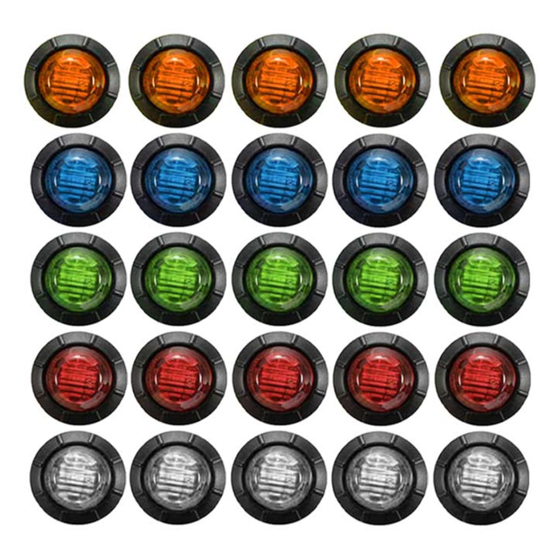25 szt. świateł bocznych do ciężarówki 24 V, 3 diody LED, 3-4 cale, okrągłe kryształowe, boczne światła postojowe, wodoszczelne, IP68 (żółte 5 + zielone 5 + białe 5 + czerwone 5 +