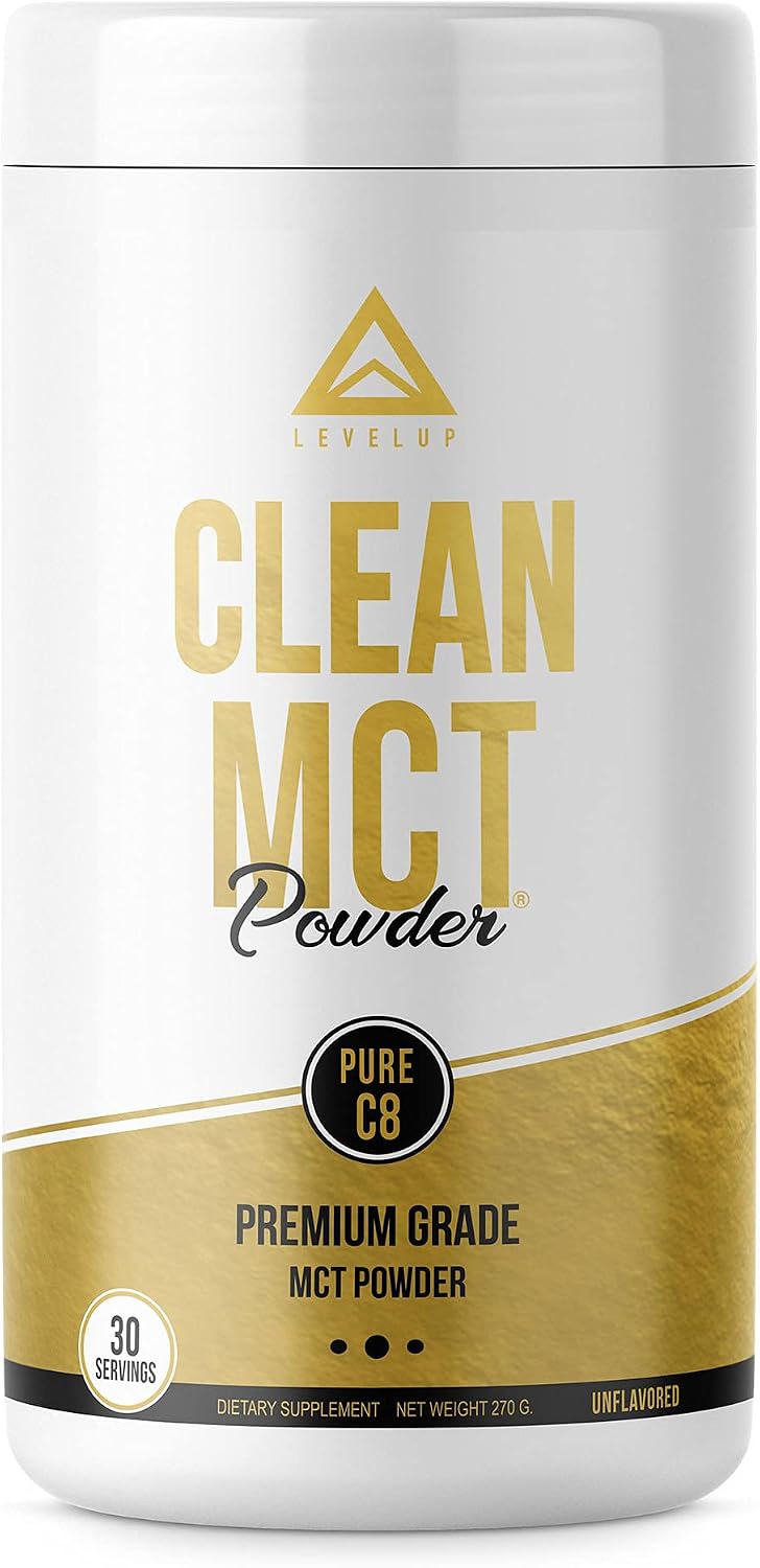 LevelUp Clean MCT Oil Powder: 100% Pure C8 Caprylic Acid Triglycerides w/Prebiotic Fiber | Best Ketogenic Supplement for Everyday Use | The Ultimate Keto Coffee Fat for Ketones (Unflavored)