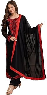 PHANTOMFIT Women’s Fox Georgette Embroidered Kurta Pant Set with Dupatta | Black & Red Festive Ethnic Suit Price In India