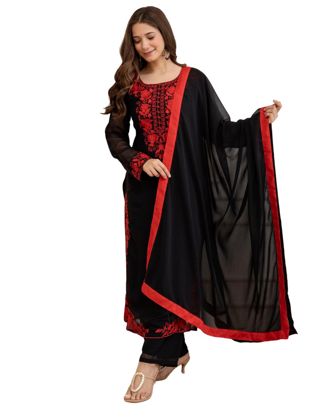 Women’s Fox Georgette Embroidered Kurta Pant Set with Dupatta | Black & Red Festive Ethnic Suit