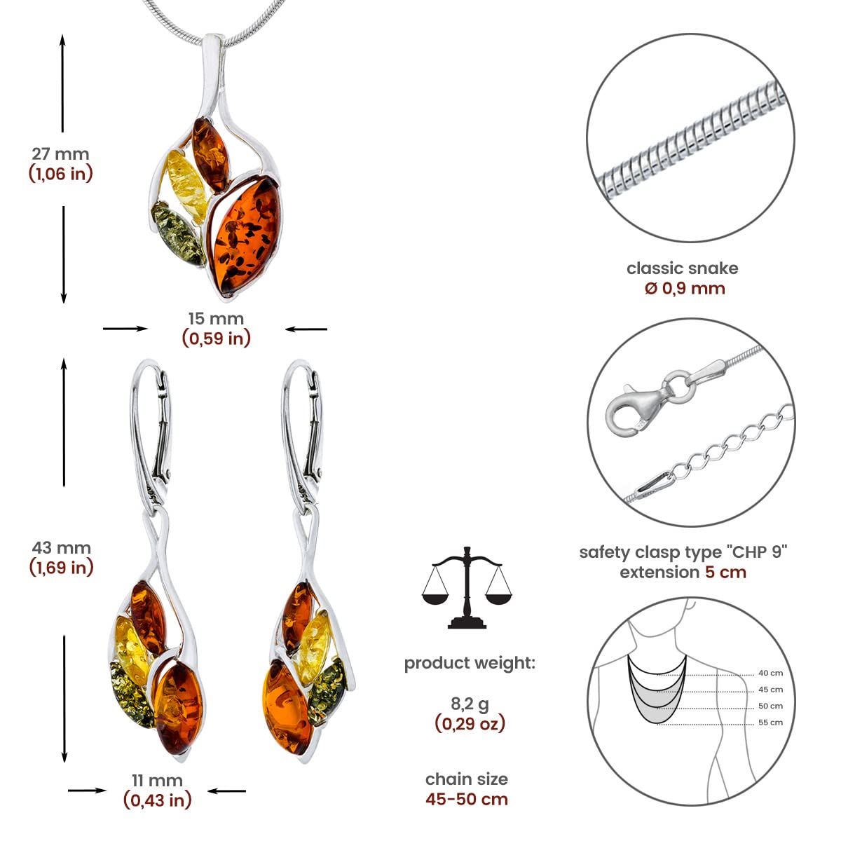 Set Sabine da donna in argento 925 lucido, ambra baltica colorata, pendente e orecchini con catena a serpente, set regalo
