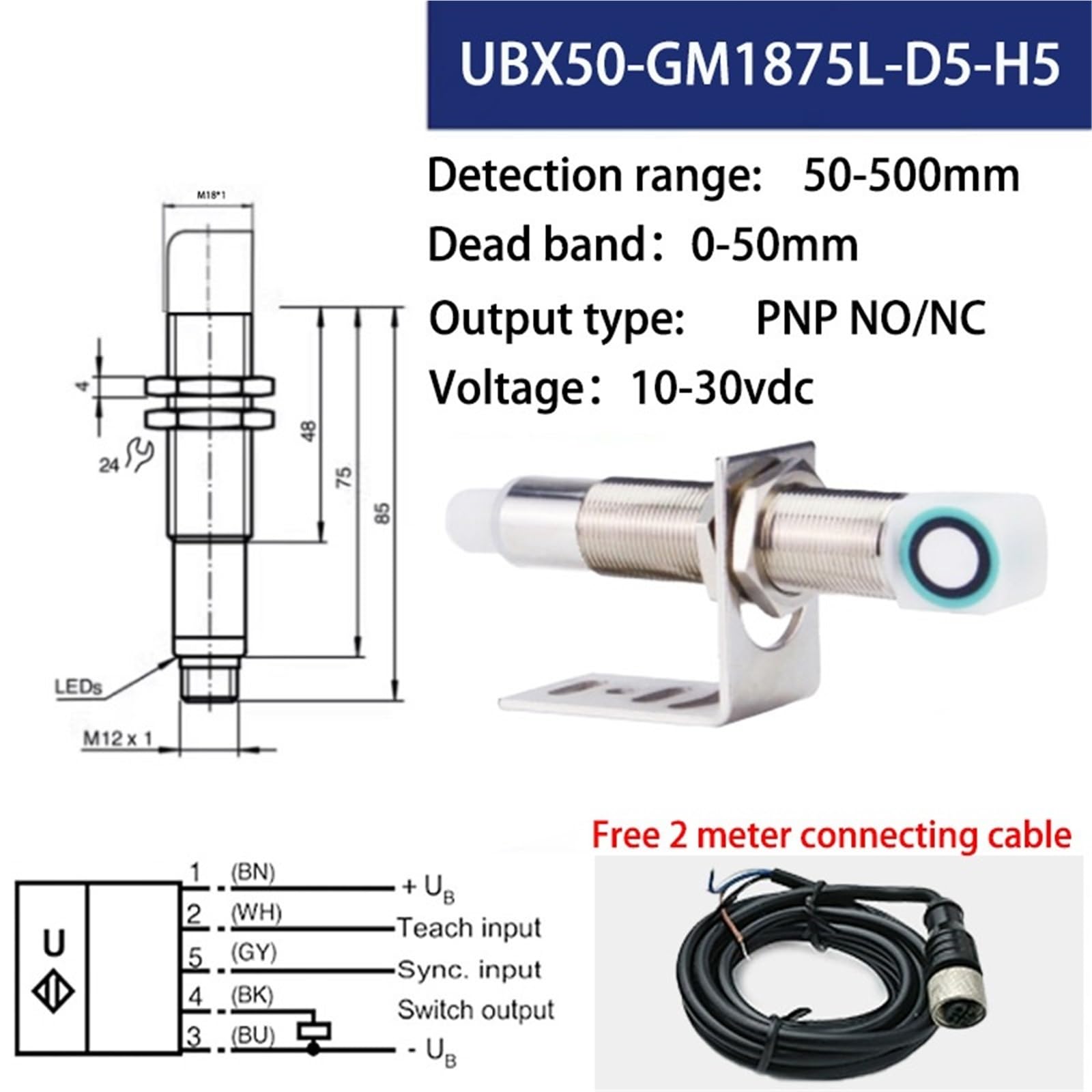 Sensor de Distancia ultrasónico M18 UB500/UB1000 Sensor de Distancia ultrasónico Conmutación NPN/PNP analógico 4-20 mA(500MM PNP NO NC)