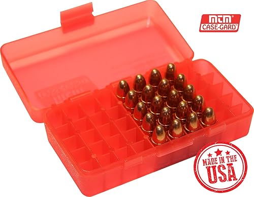 Miniatura 2 de MTM Caja para 50 municiones calibre 380 ACP/9 milímetros, de punta redonda, con tapa. Transparente Rojo,Azul traslúcido,Verde