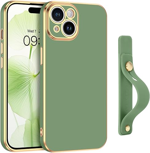 GUAGUA Funda para iPhone 15 de 6.1 pulgadas con soporte para correa de muñeca, delgada, suave, galvanizada, TPU iPhone 15, funda protectora a prueba