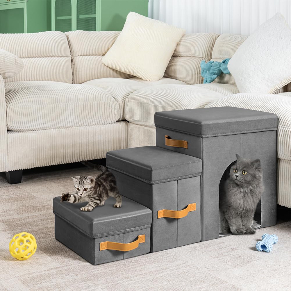 BAKAJI Scale per Cani e Gatti 3in1 Pieghevole in Velluto Olandese Grigio, Scala per Animali Domestici Multifunzione, Scaletta Vano Contenitore e Cuccia Casetta, Gradini Ergonomiche, Fondo Antiscivolo