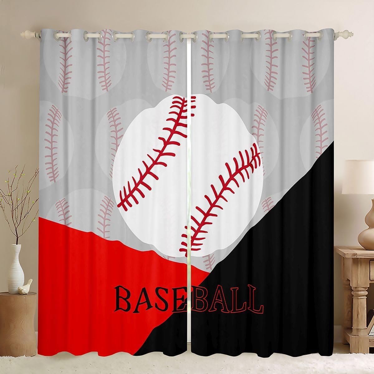 jejeloiu Baseball Curtains for Bedroom Living Room (2 Panels, 42 x 63 Inch) Kids Sports Game Blackout Curtains Boys Girls Darkening Drapes Gaming Window Treatments Ball