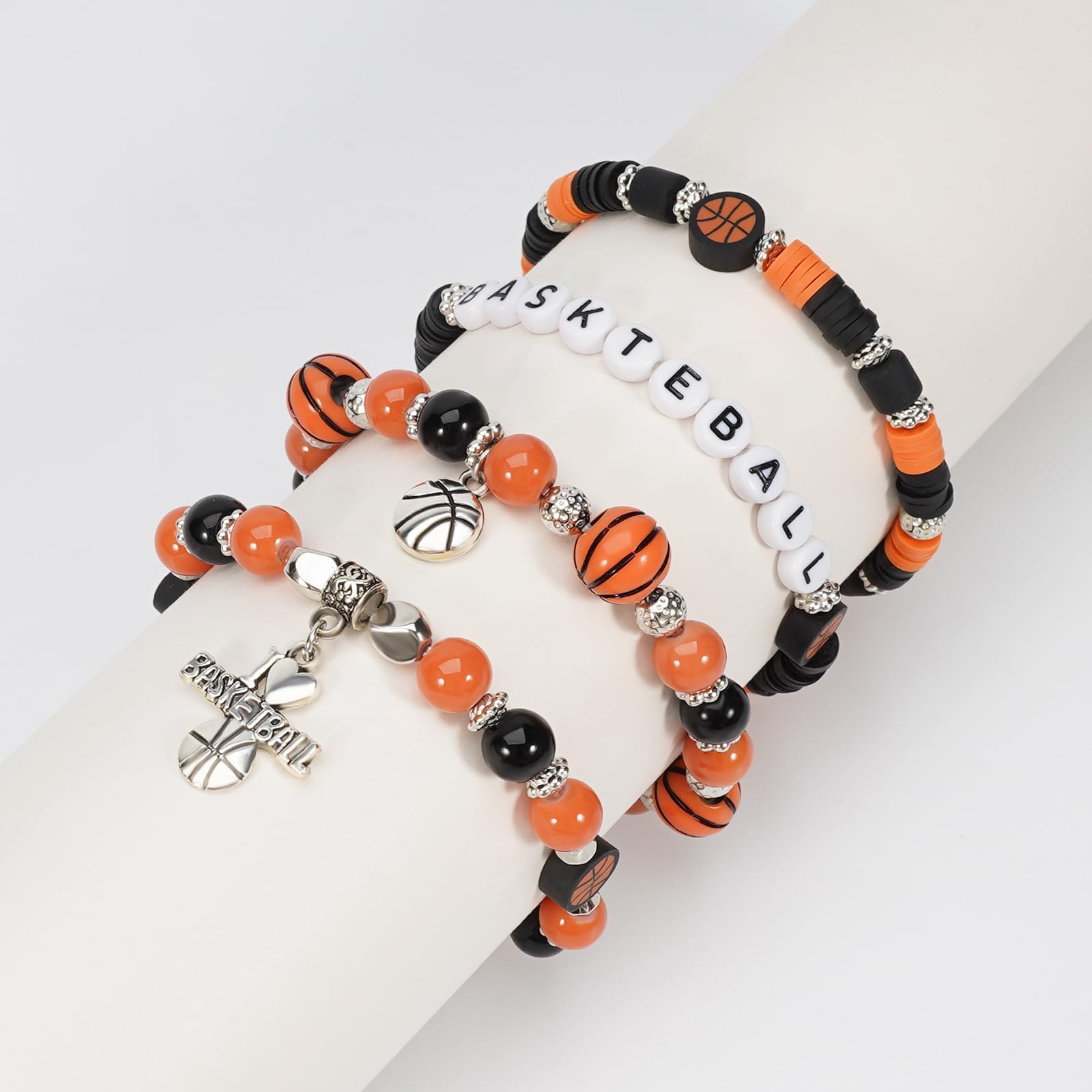 Briutn Basketball Beaded Bracelet Set for Women Orange and Black Stack Bracelets with Charms