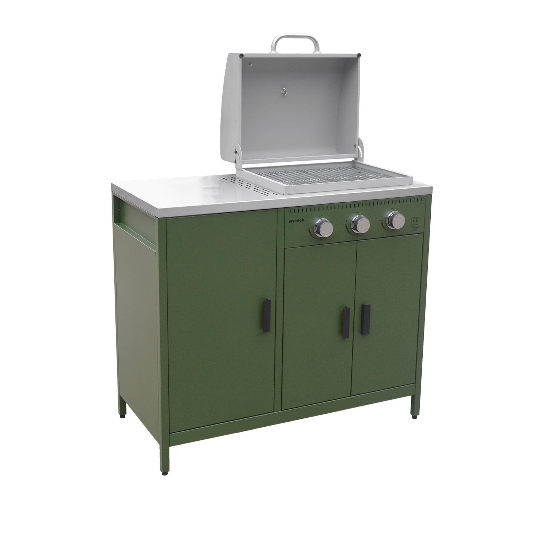 Cucina da esterno 3 moduli con barbecue a gas 3 bruciatori su piedi, termometro Verde - 100x51x87.5 cm