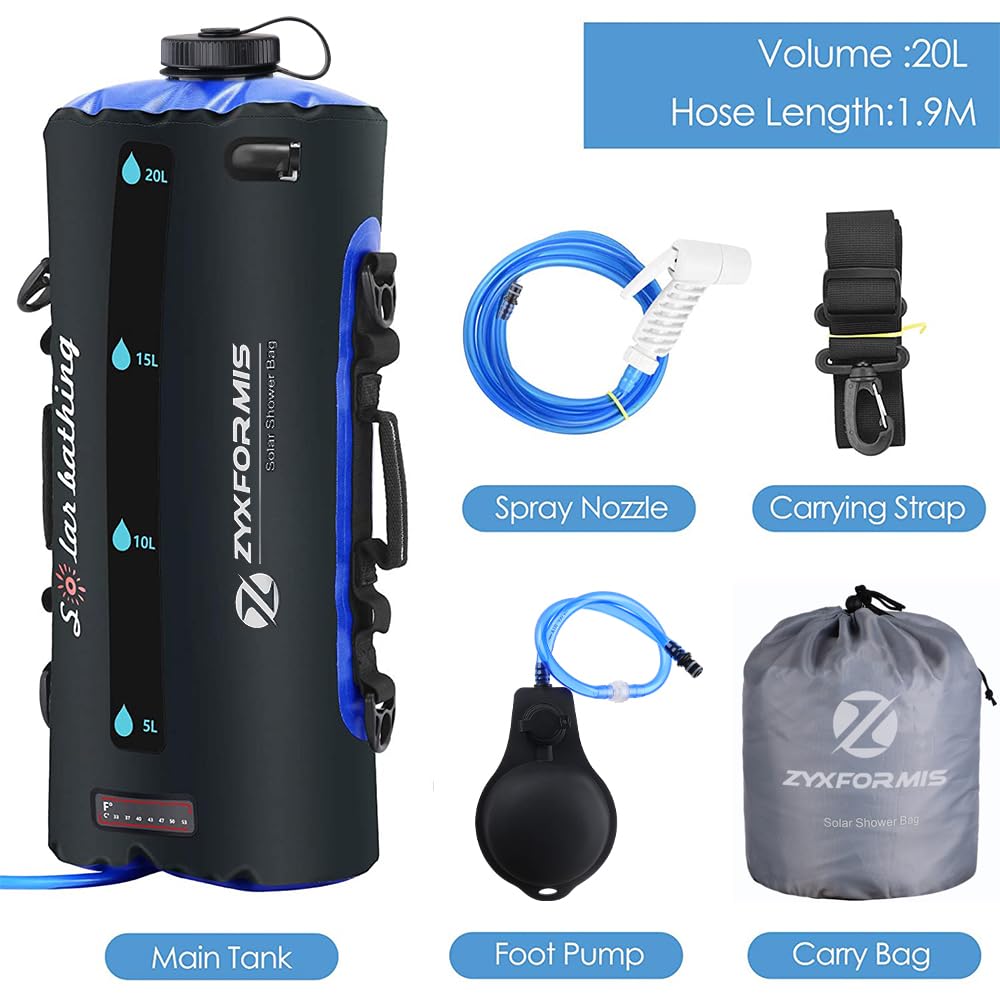 Doccia da Campeggio Portatile 20 L con Display e Pompa a Pedale | TPU resistente, sacca pieghevole, finestra trasparente, doppio raccordo, tubo rimovibile, getto regolabile, spiaggia, animali