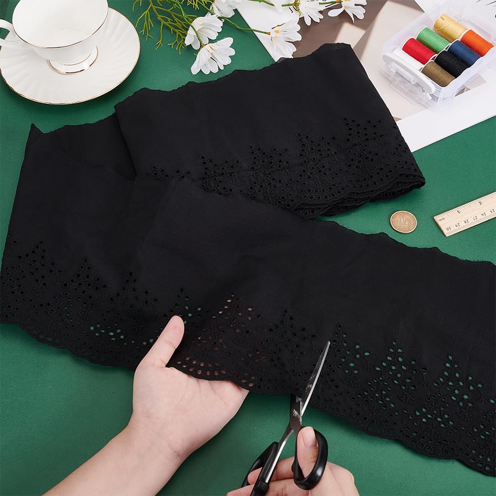 MAYJOYDIY 4,6 m × 20,5 cm, ribete de encaje de algodón con ojales, borde ondulado, borde negro, cinta de encaje floral con volantes florales para coser vestidos, ropa, bolsos, regalo