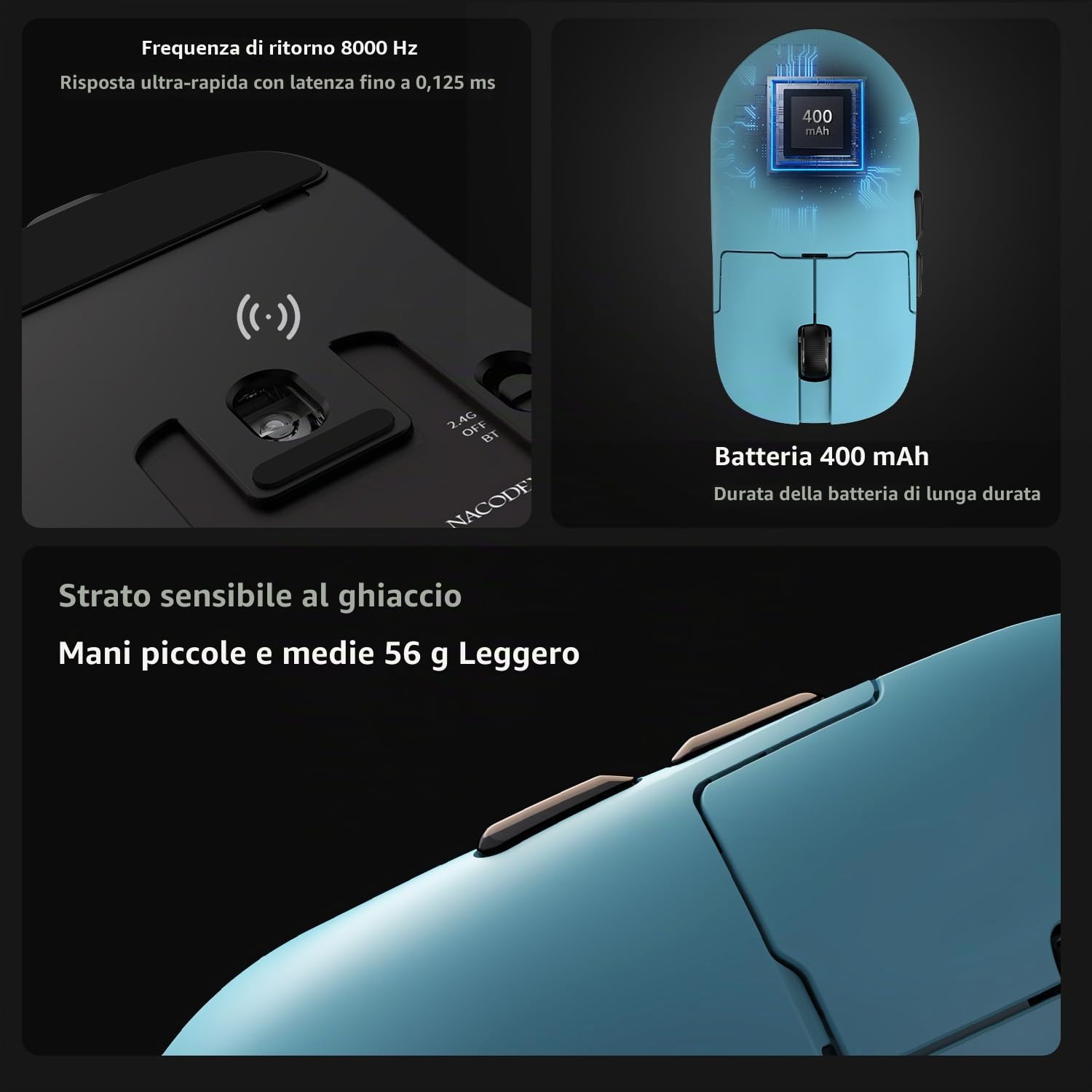 AJAZZ AJ159 APEX Wireless Gaming Mouse with RGB Magnetic Charging Base, Lightweight 56 Gram Design, 2.4G/USB-C/BT, 400 mAh Battery, 42K DPI, 8000Hz Response Rate, Compatible with PC and Mac, Blue