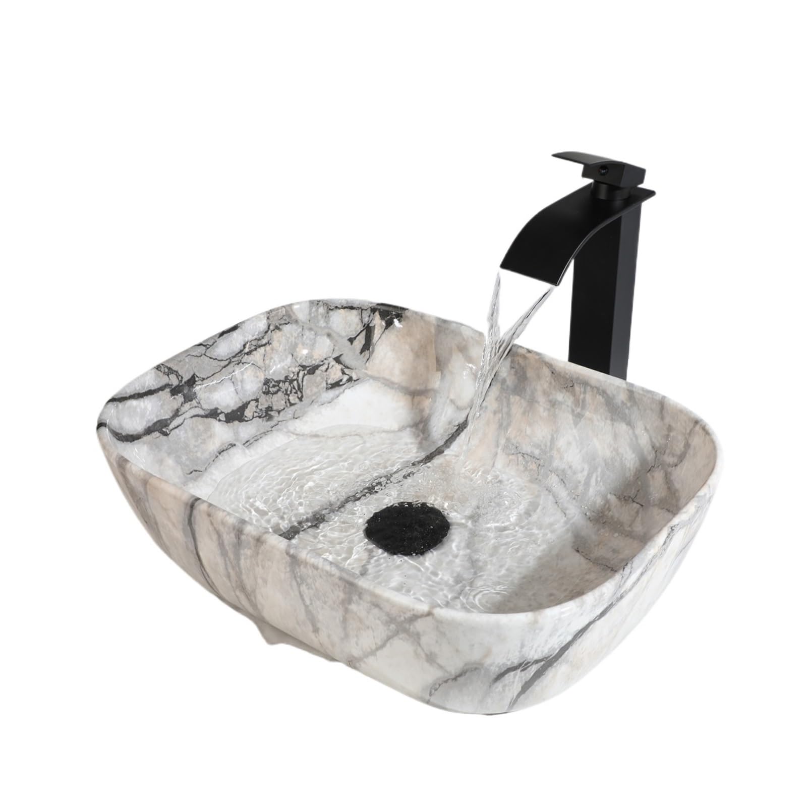 Bathroom Vessel Sink Bathroom Marble Style Vessel Sink Set Square Ceramic Basin Bowl Faucets Modern Washbasin for Washing(White)