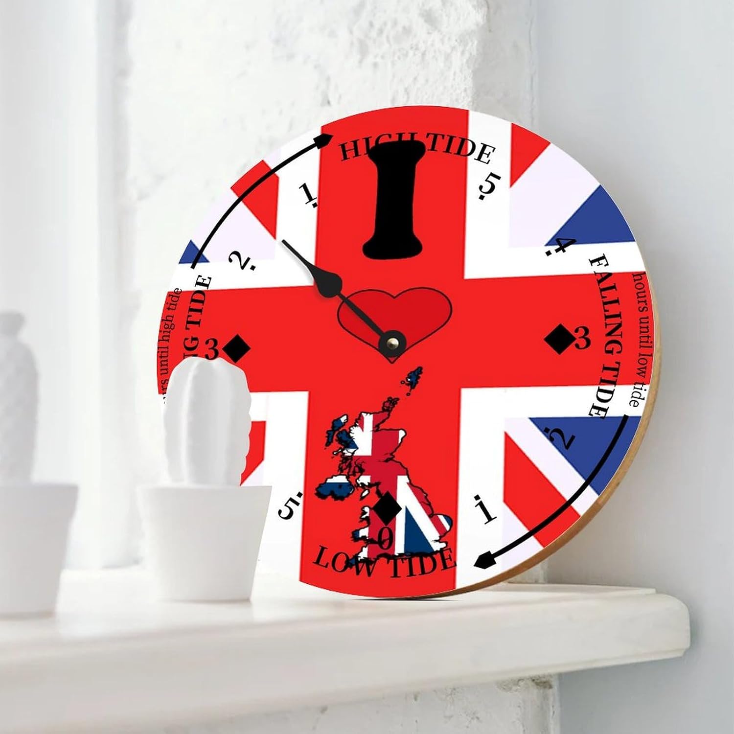 United Kingdom Flag Wood Tidal Clock Ocean Time Maritime Coastal Beach High Tide Low Tide Clock Rustic Wooden Nautical Tide Movement Vintage Decor for Beach House Kitchen Wall Art 12x12 in