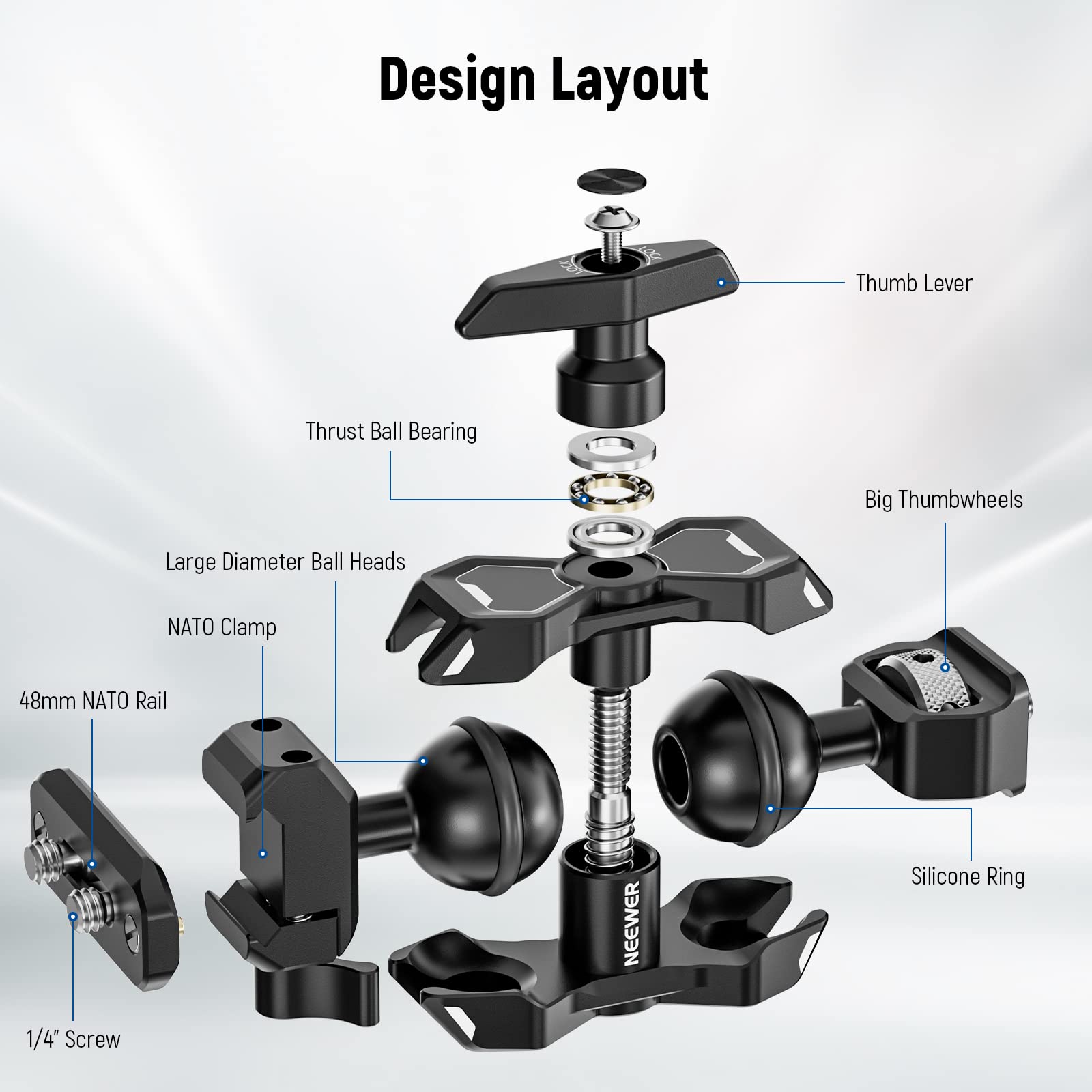 NEEWER Bras Magique Articulé Flexible avec Double Têtes Sphériques, Pince NATO à Dégagement et Rail NATO de 48mm et Vis de 6,35mm avec Broche Rétractable, Support de Moniteur Compatible avec SmallRig