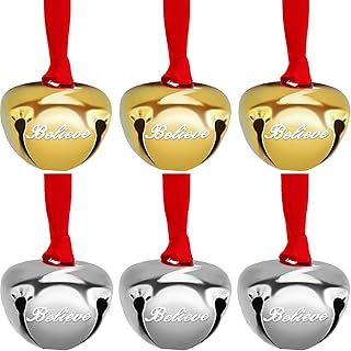 1.6 Inch Believe Bell Ornament Christmas Sleigh Bell with Red Ribbon Metal Christmas Bell Ornament for Christmas Tree Holiday Decoration