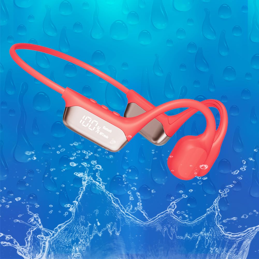 S10 Casque de natation à conduction osseuse avec lecteur MP3 intégré 32 Go de mémoire IP68 étanche Bluetooth avec écran LED pour la conduite, le vélo, la course à pied, le ski Rouge