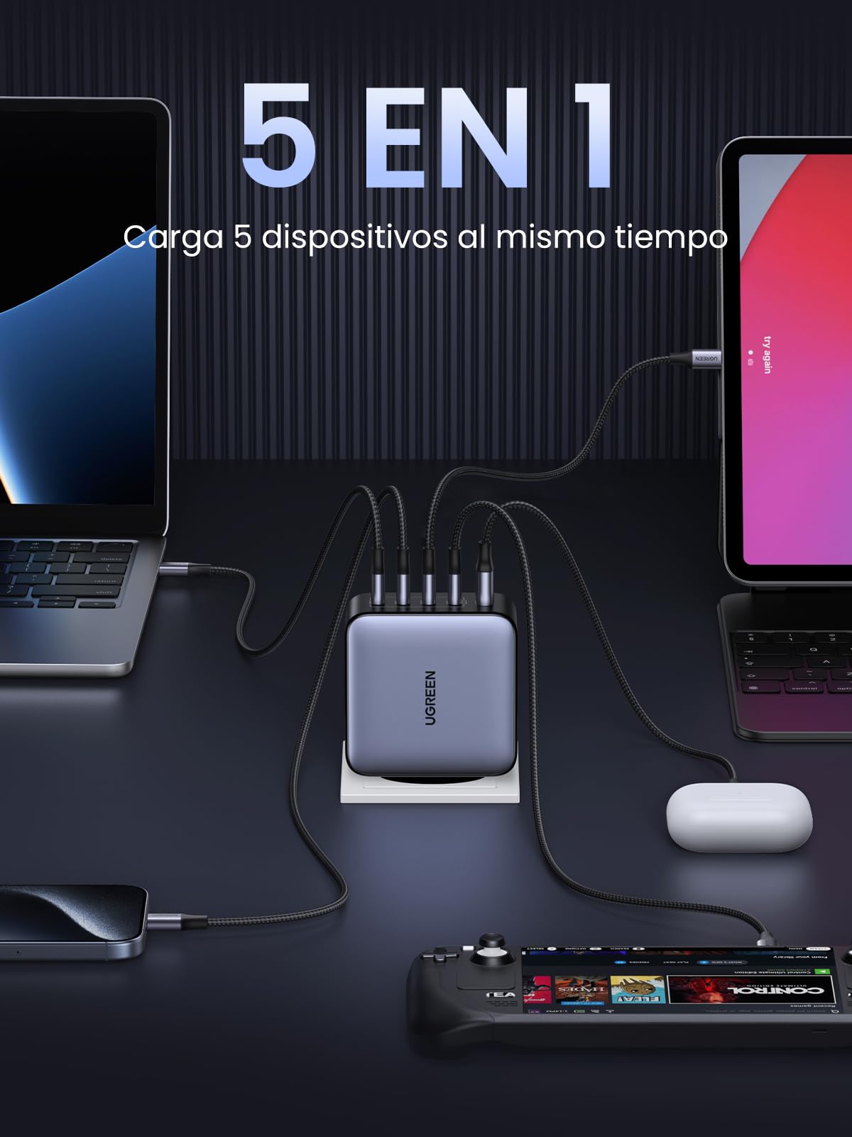 UGREEN Nexode 100W Cargador USB C Carga Rápida con 5 Puertos Adaptador | Corriente GaNInfinity PD 3.0 PPS 45W Compatible con iPhone 17 Pro Max Air 16 15 Galaxy S26 Pixel 10 iPad MacBook M5 M4