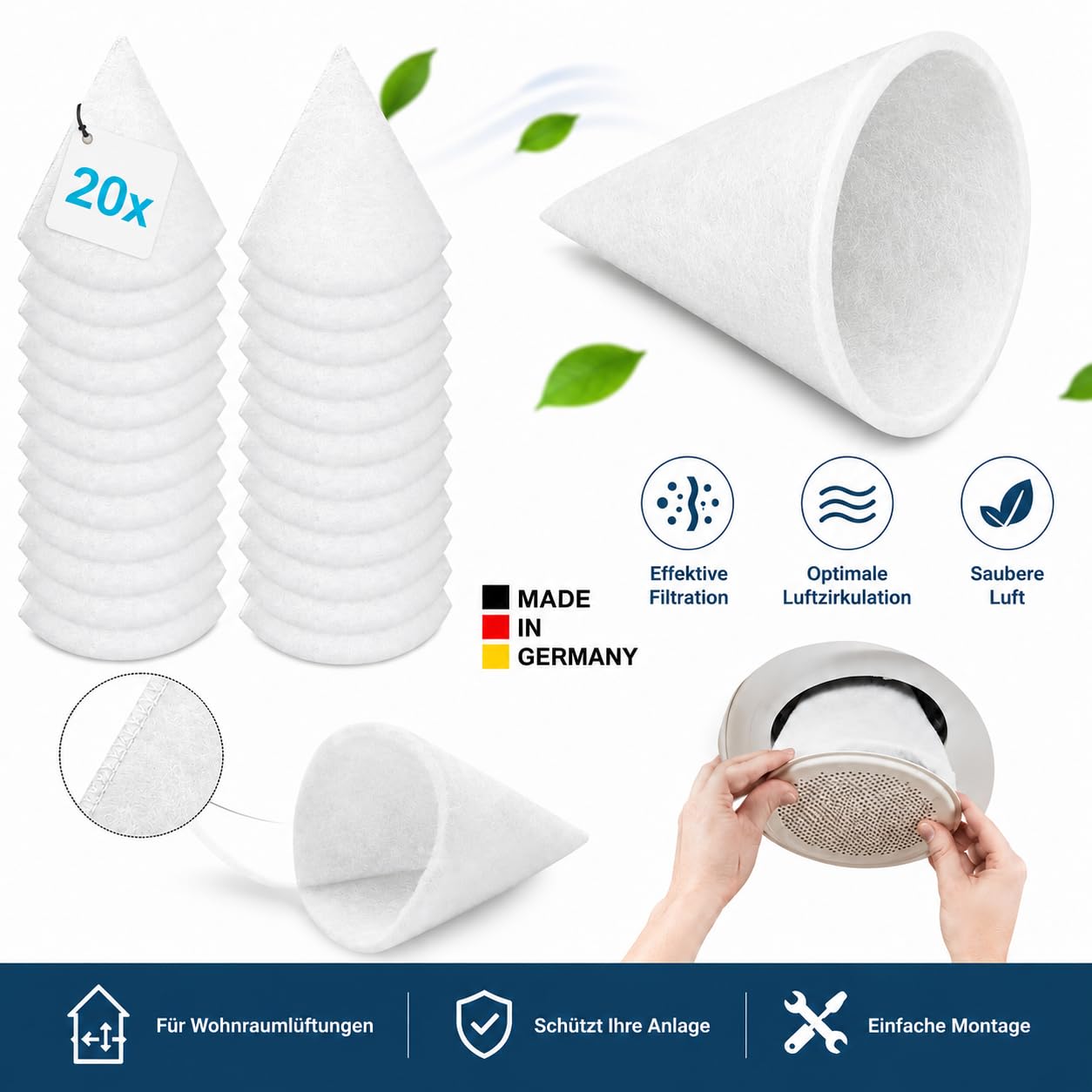 20 filtri conici DN 125 – G4 | Filtri per sistema di ventilazione di scarico dell'aria abitativa | Compatibile con Zehnder, Vallant, Helios, LWZ, Wolf, Maico, Pluggit, Nibe