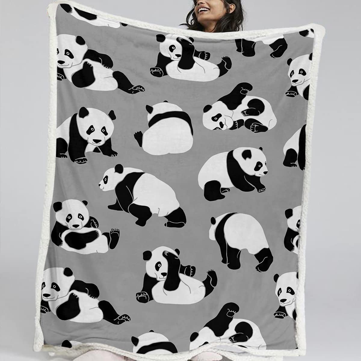 BlessLiving Kids Panda Bear Throw Blanket for Boys and Girls, Grey, Cute Panda Animal Printed Soft Plush Fuzzy Throw Sherpa Lined Fleece Bed Blanket (Travel/Single (130x150cm))