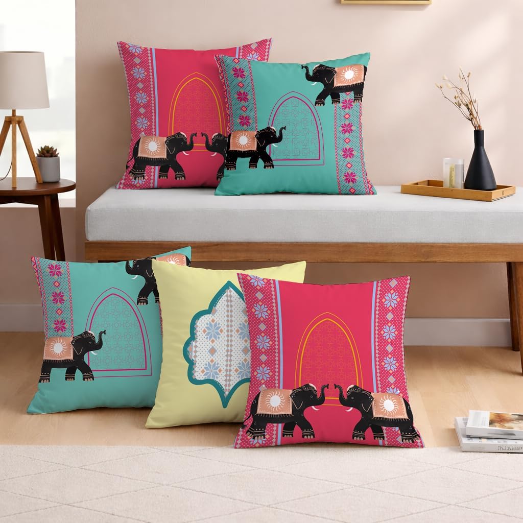 STITCHNEST Set of 5 Polycotton Cushion Covers – 18x18 Inches – Traditional Elephant & Arch Motif in Pink, Aqua & Yellow – Ethnic Festive Cushion Covers for Sofa & Home Decor