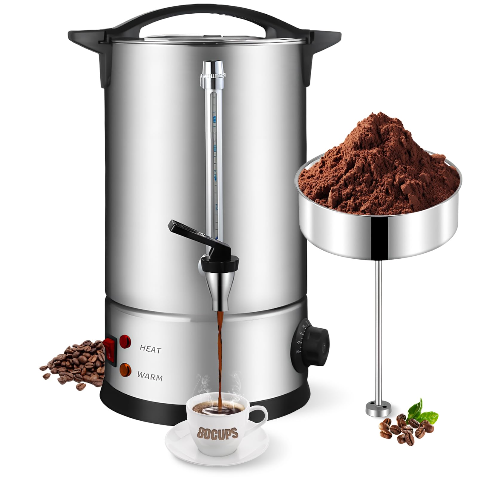 Percolateur à Café 12L avec Acier Inoxydable Filtre, 80 Tasses Cafetière Commerciale En Acier Inoxydable, Maintien au Chaud, Pour Événements Et Traiteur, Pour Appareil Chauffe Eau Thé Chocolat
