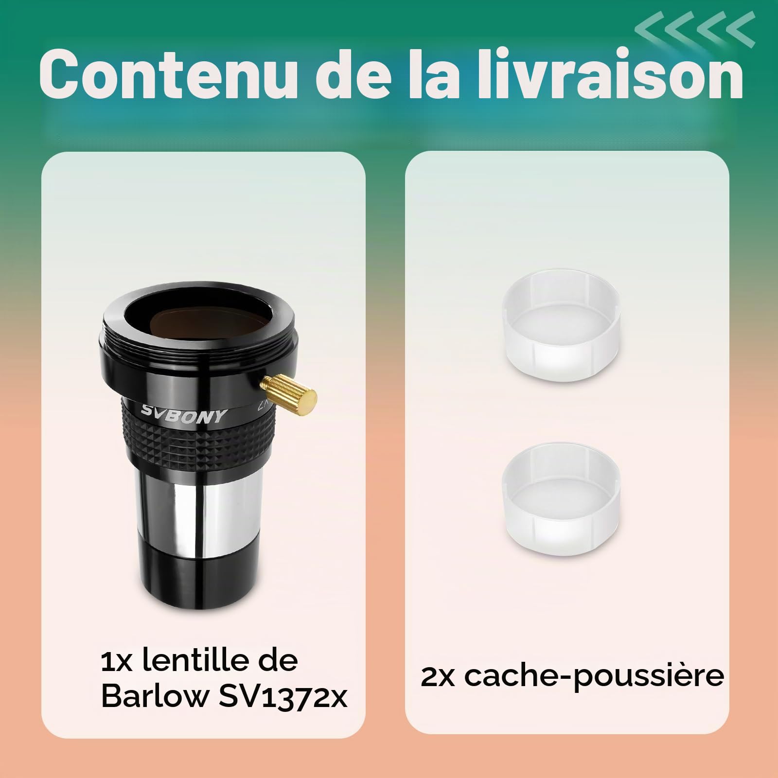 Svbony SV137 Barlow 2X, 1,25 Pouces Barlow Lentille, FMC Barlow en Métal avec Filetage en T pour l'Observation Planétaire de l'Oculaire du Télescope