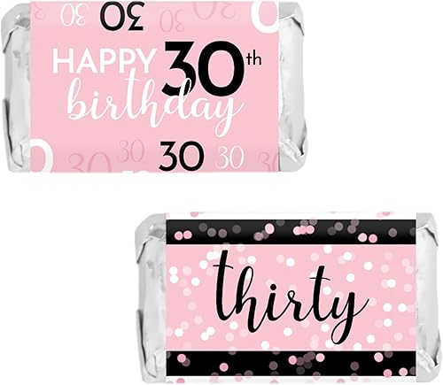 DISTINCTIVS Mini envoltorios de barra de caramelo para fiesta de cumpleaños rosa, negro y blanco, 45 unidades, suministros para fiesta de cumpleaños