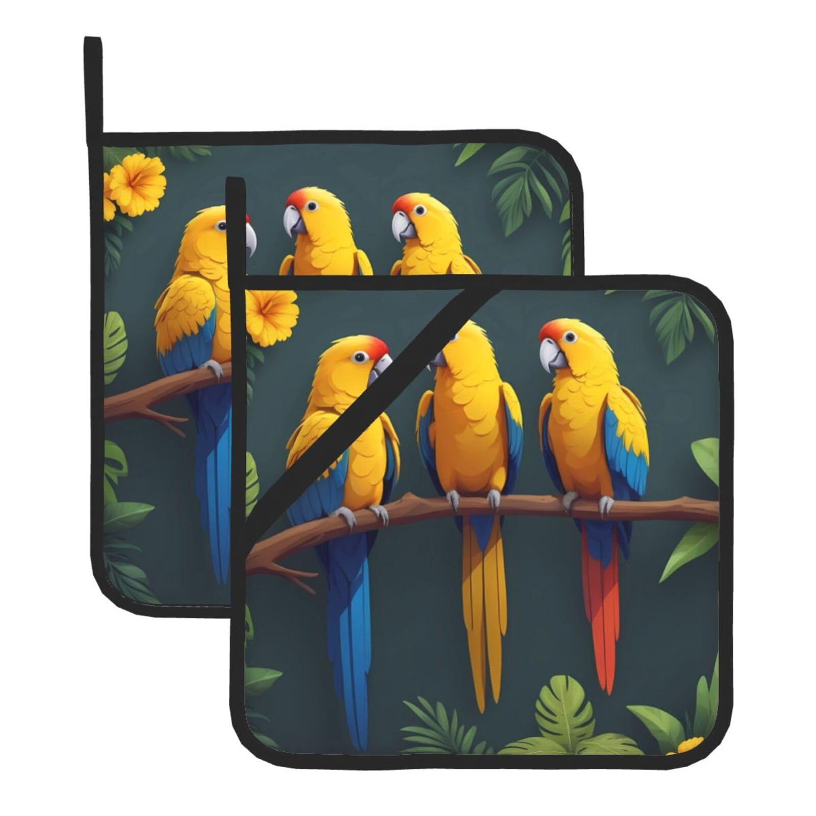 HJFCZH Yellow Parrot On Branch Printed Square Insulated Pot Mat Set (2-Piece) 8x8in Waterproof, Thickened & Easy to Clean with Lanyard Design for Kitchen, Oven & BBQ