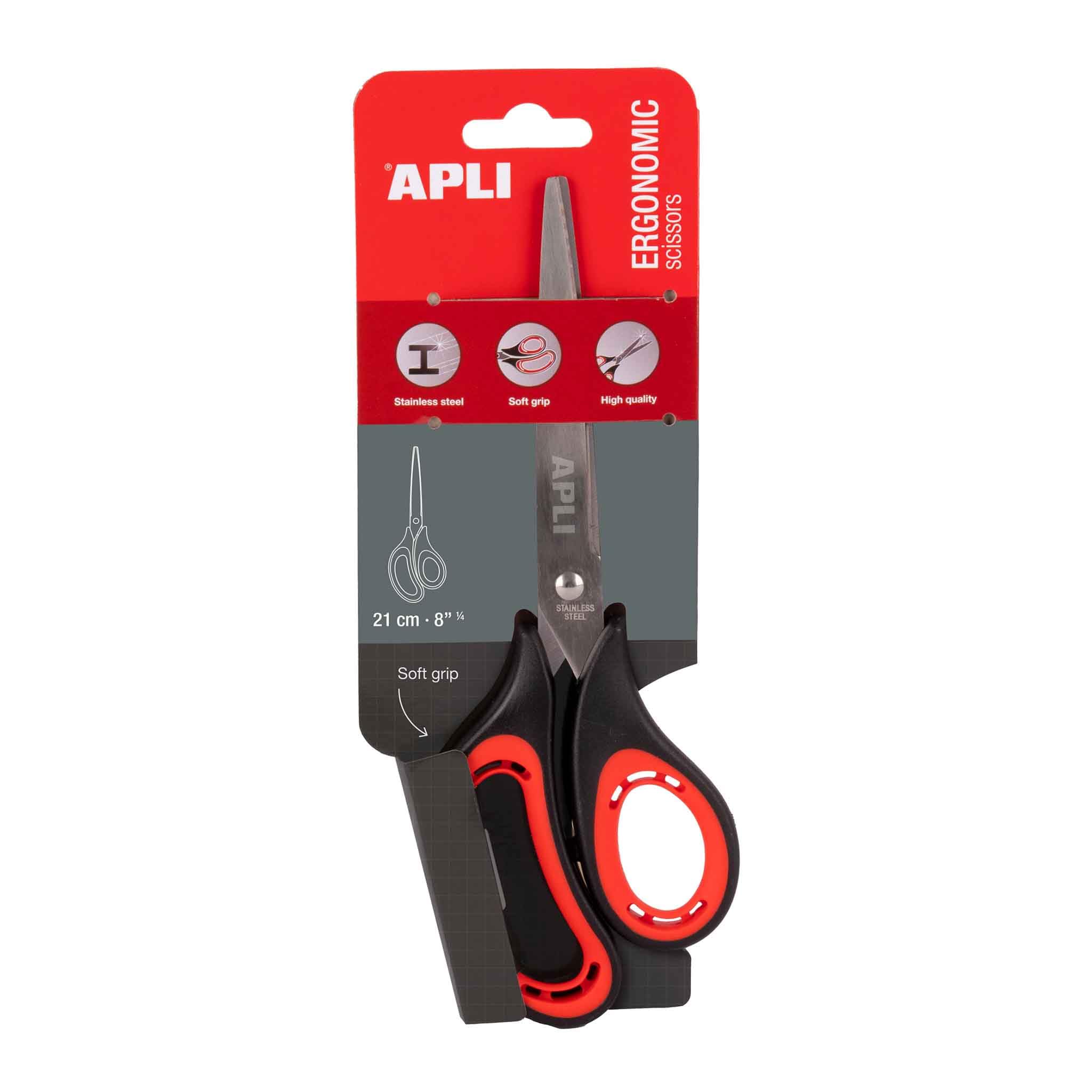 APLI 19649 - Tijeras de oficina de acero inoxidable y con mango ergonómico soft grip, 21 cm