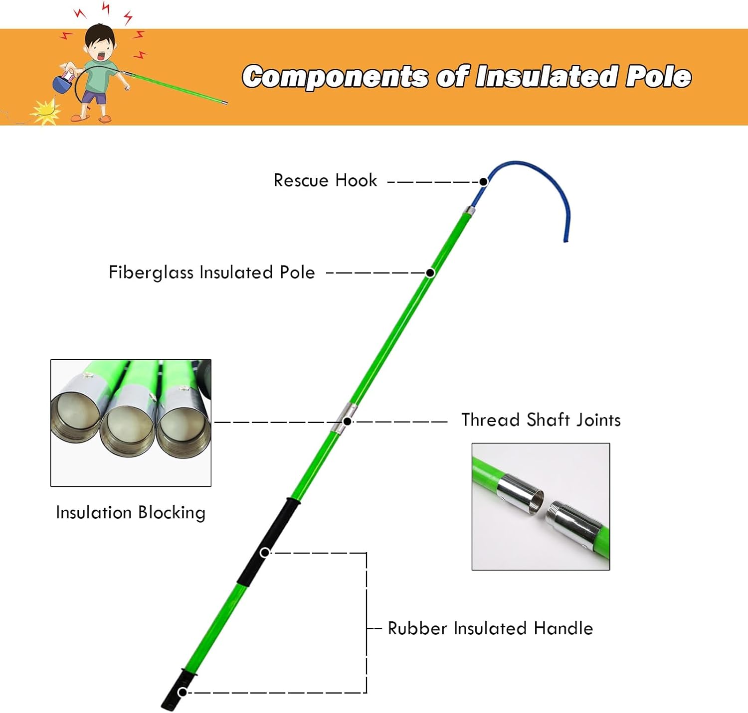 High Voltage Electrical Safety Rescue Hook - 10 FT Insulated Fiberglass Pole, Lightweight Emergency Equipment for Substations, Auto Maintenance & Factories, 2m/6.6ft