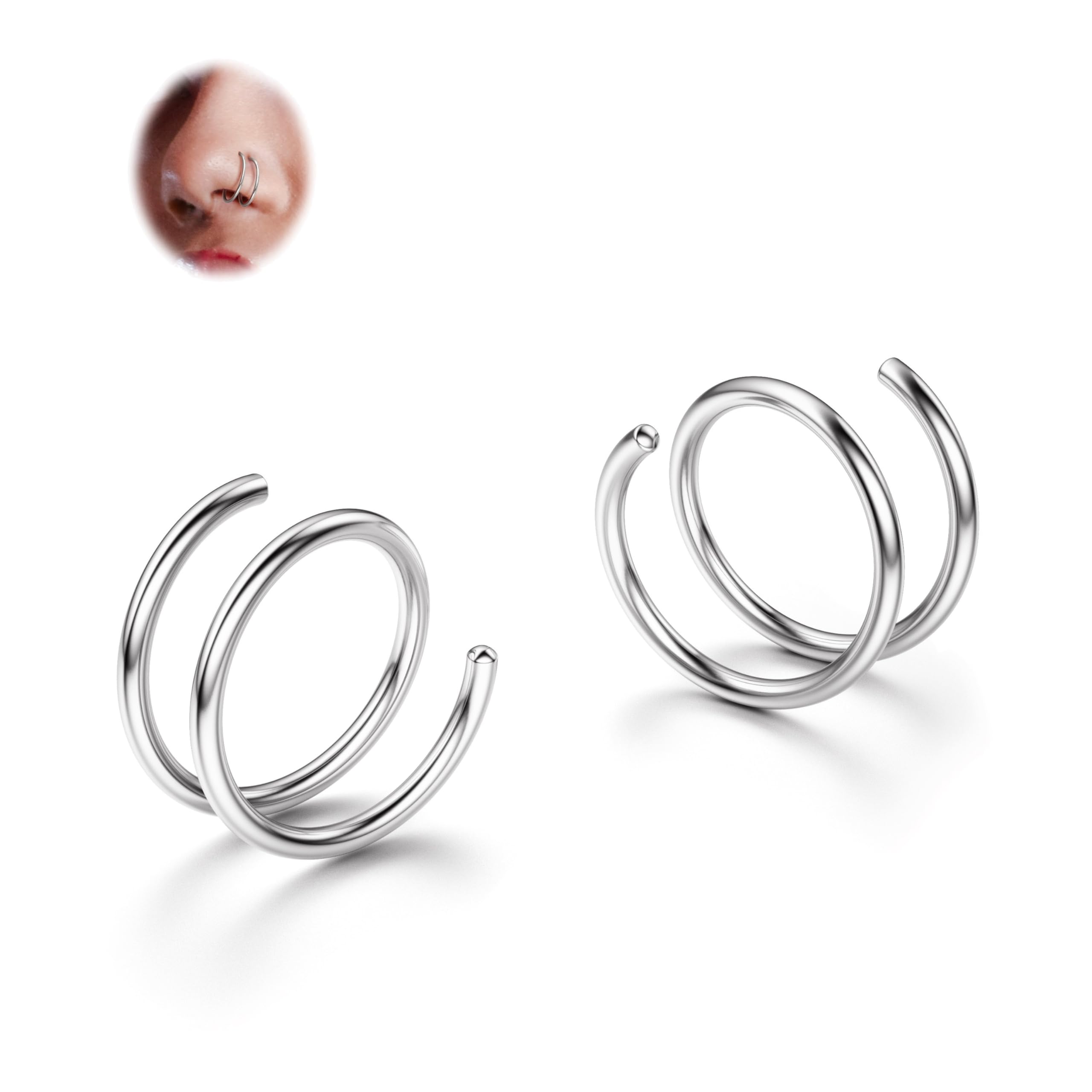 BodyBonita 2-8Pcs Softened 316L Stainless Steel Double Hoop Nose Ring for Single Piercing 22G 20G 18G Bendable Twist Spiral Nose Rings Hoops for Women