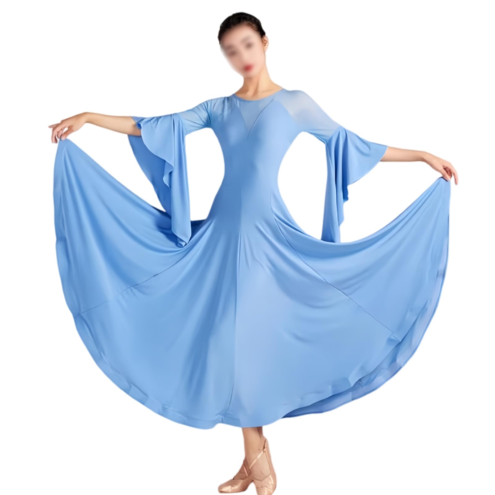 Damen Standard Tanzkleid, Elegantes Midi Kleid Mit Mesh-Einsatz Und Glockenärmeln Für Walzer Tango Foxtrott Training Und Auftritt