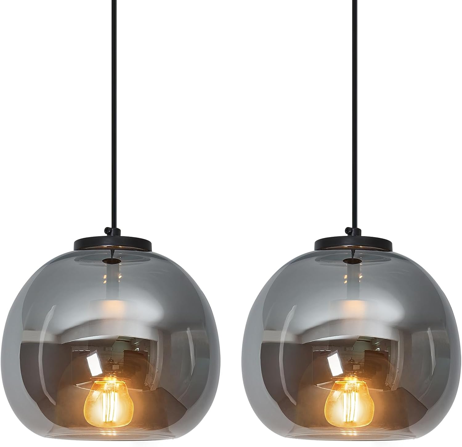 Mirror Smoke Gray Glass Pendant Lights Kitchen Island 2 Pack 7.87" Glass Globe Pendant Light Black Hanging Light Fixture Modern Pendant Lighting for Kitchen Island Bedroom Dining Room Mirror Smoke Gray and Black 2 Pack 7.87 in