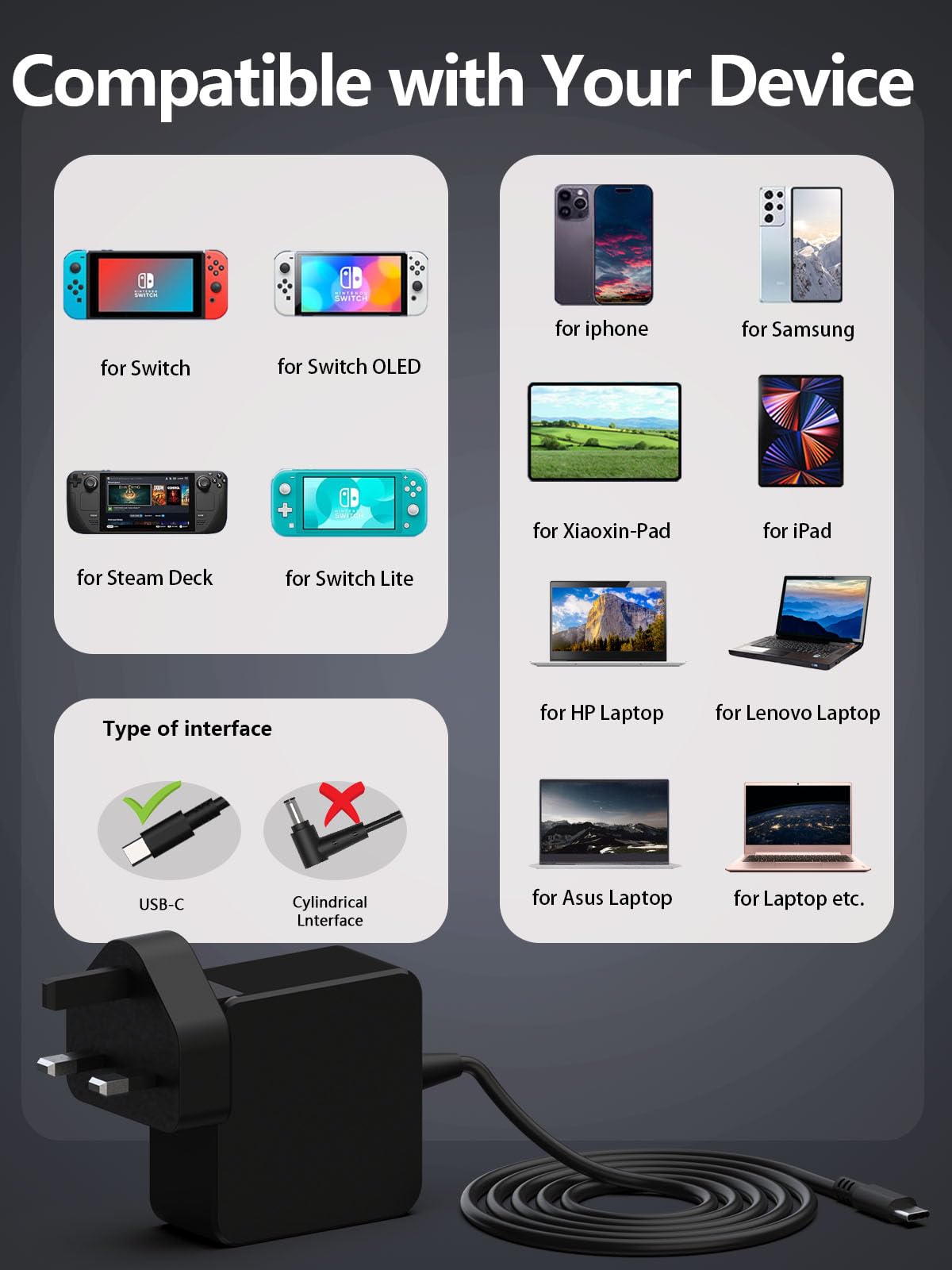 MJXYXCDH 45W Fast Charger for Nintendo Switch/Steam Deck, Compatible with Switch/Steam Deck/Switch Lite/Switch OLED/Switch Dock/Switch Pro Controller, Support TV Mode, 5.9FT - 3