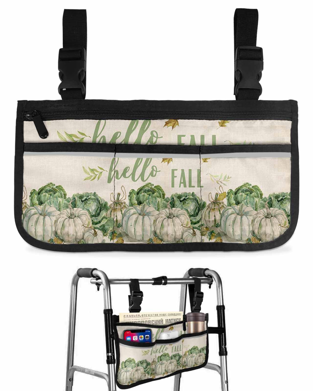 Anzona Hello Fall Wheelchair Side Bag Walker Bag, Rustic Sage Green Vegetable Leaves Wheelchair Accessories Armrest Pouch, Organizer Storage Bag for Walkers, Rollators, Scooters, 7.3''x13''