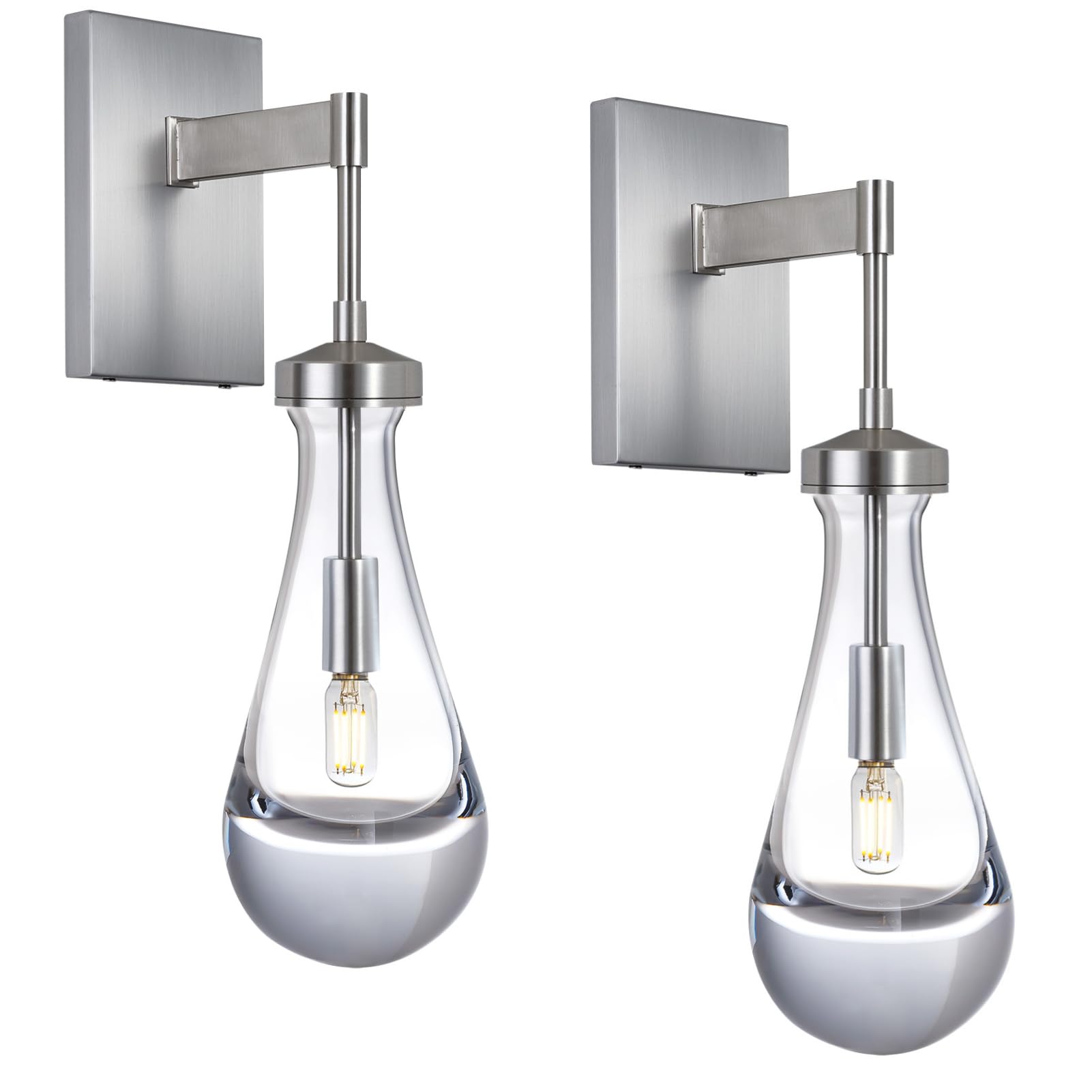 Joyunleo Nickel Wall Sconces Set of Two, Raindrop Glass Sconces Wall Lighting Bathroom Vanity Light Wall Lamp for Living Room, Wall Light Fixtures for Bedroom, Bulb Included