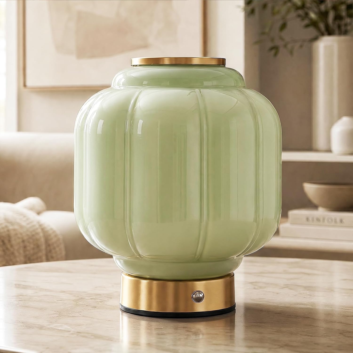 OOWOKS Vintage Glass Table Lamp Cordless Bedside Lamp Rechargeable LED Lamp Touch-Dimmable for Bedrooms and Bedside Tables Small Rechargeable Table Lamp in Mid-Century Style for Living Rooms,Green