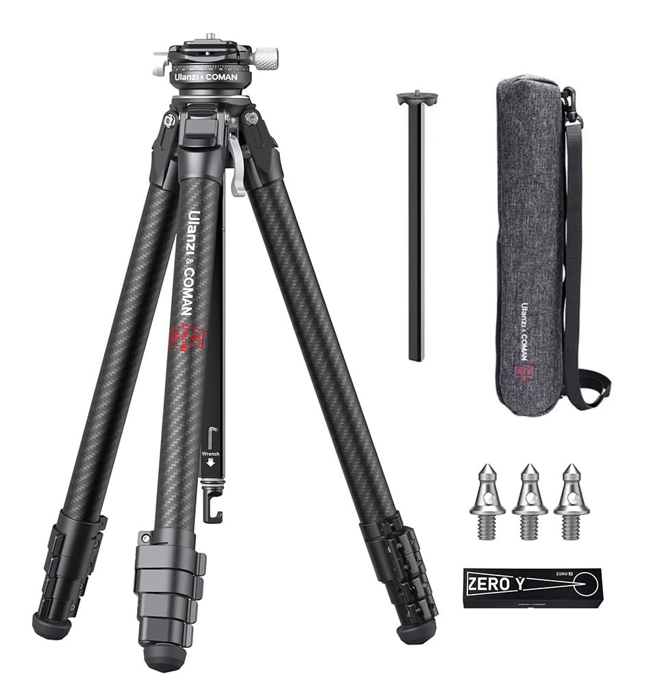 Ulanz i & COMAN Zero-Y Carbon Fiber Lightweight Travel Tripod | Panoramic Head | Storage Length 42cm | Adjustable Height 15.3-156cm | 10Kg Payload | 1.1Kg Zero Y + Video Center Column | 1-Yr Warranty