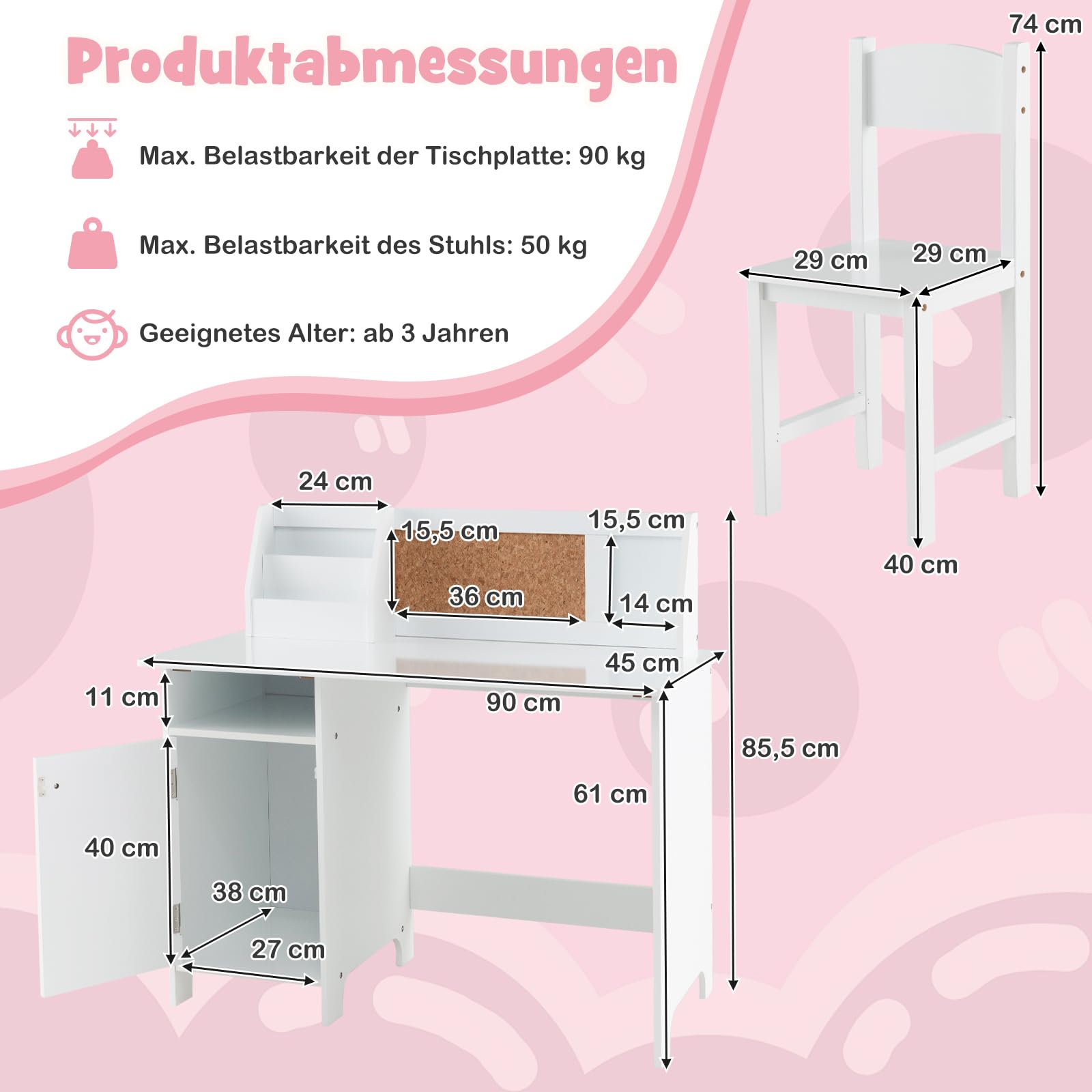 DREAMADE Kinderschreibtisch mit Stuhl, Schülerschreibtisch aus Holz, Jugendschreibtisch, Kinder Schreibtisch für Kinder mit Bücherregal & Aufbawahrungsschrank & Ablage & Pinnwand (Weiß)