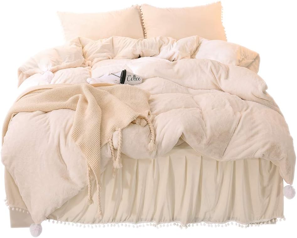 YOUHAM Faux Rabbit Fur Crystal Velvet Reversible Bedding Sets Fluffy Pompom Duvet Cover Sets Solid Zipper Closure (King, Light Beige)