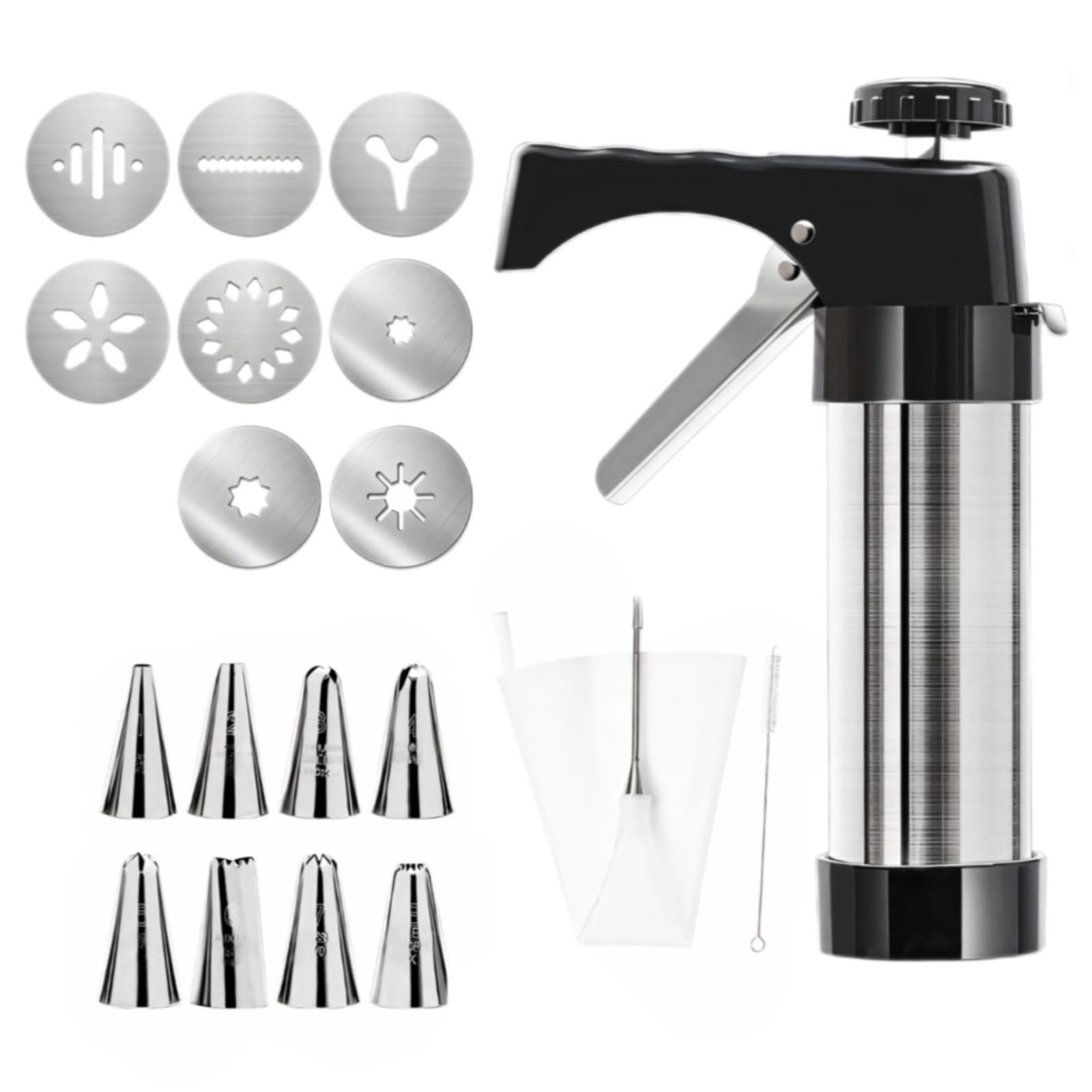Ensemble de machine à biscuits en acier inoxydable avec 8 disques décoratifs et 8 embouts à douille, comprend une poche à douille et une brosse de nettoyage, idéal pour les pâtisseries et les