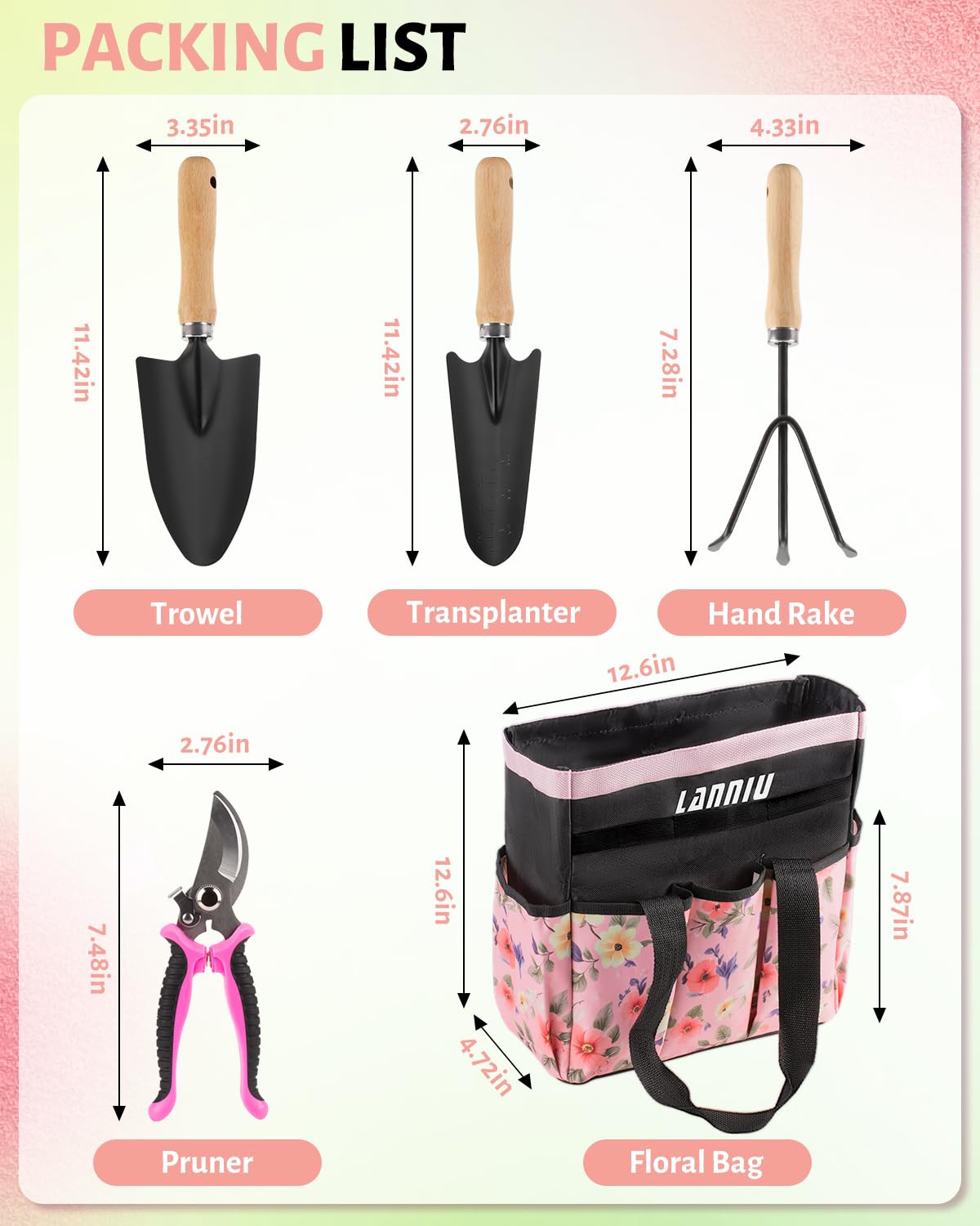 Pink Gardening Tools, Gartenwerkzeugset für Damen, 5-teiliges Garten-Set mit Blumengartentasche, Geschenk für Frauen (5-teilig, Pink)
