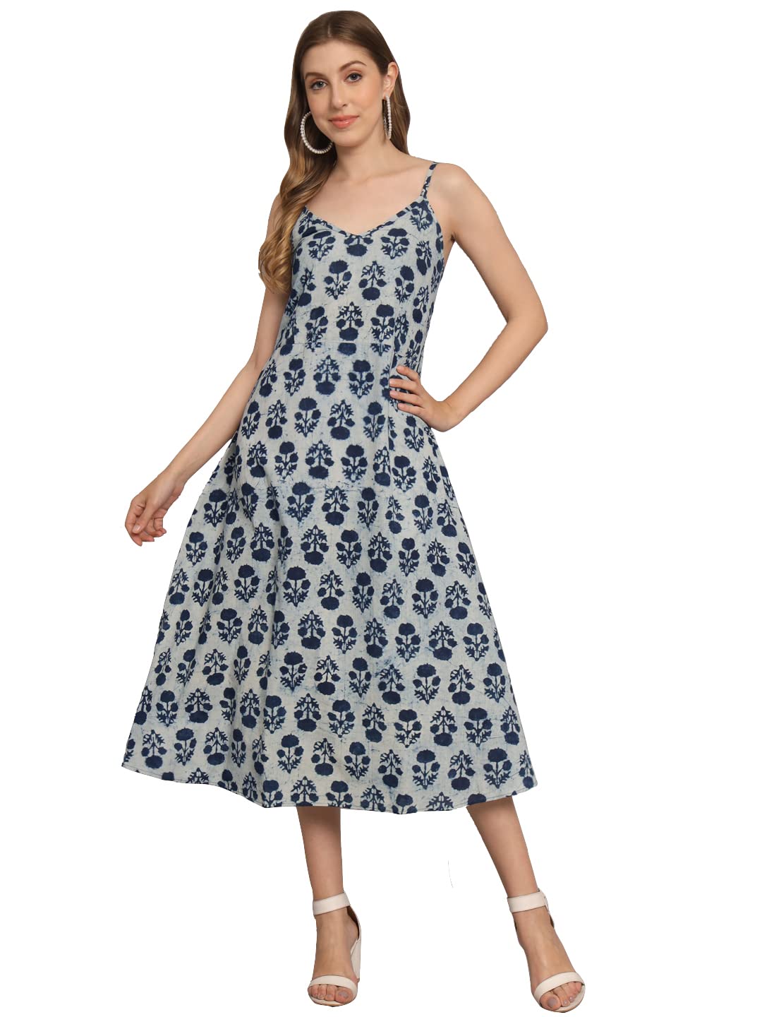 Peppyzone Women's Handblock Printed Sleeveless Shoulder Strip Cami Dress (S, Indigo)