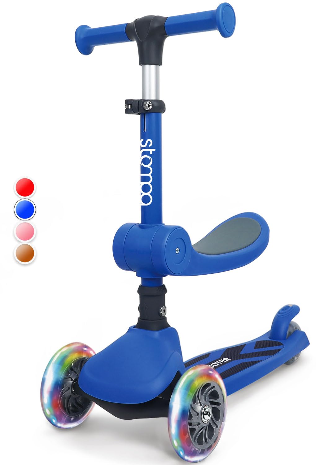 Stompa Kids Scooter for 2 Year Old | Toddler Scooter 2-in-1 with Seat | 3-Wheel, LED Light Up Wheels, Adjustable Height, Foldable, Lean to Steer, Max 50KG