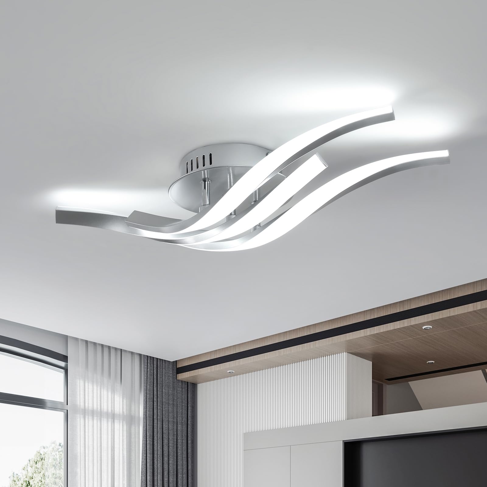 Lámpara de Techo LED, 24W 2700LM Lamparas LED Techo de Diseño Curvo, Lampara Cocina Techo, Luz Fría 6500K, Lampara de Techo para Pasillo Cocina Salón Dormitorio, Plata, 52CM